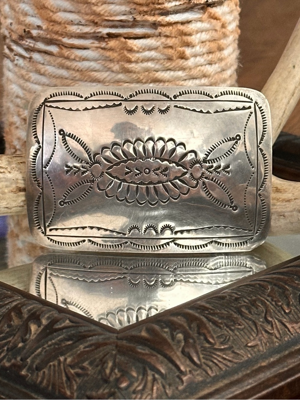 Native Sterling Silver Rectangular Belt Buckle - Intricate Stamped Design - Picture 3 of 6